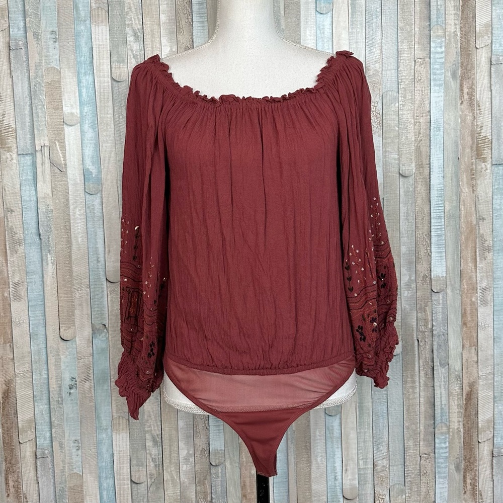 Free People S Red Gauze Embroidered Balloon Sleeve Ella Bodysuit Top Blouse Boho